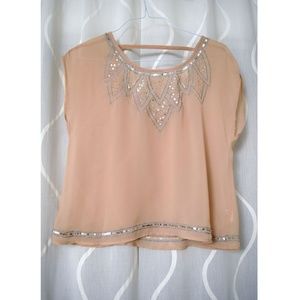 DECREE Light Pink Chiffon Sheer Sequins Rose Top | Size S